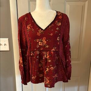 Maurices Burgundy Floral V-Neck Blouse
